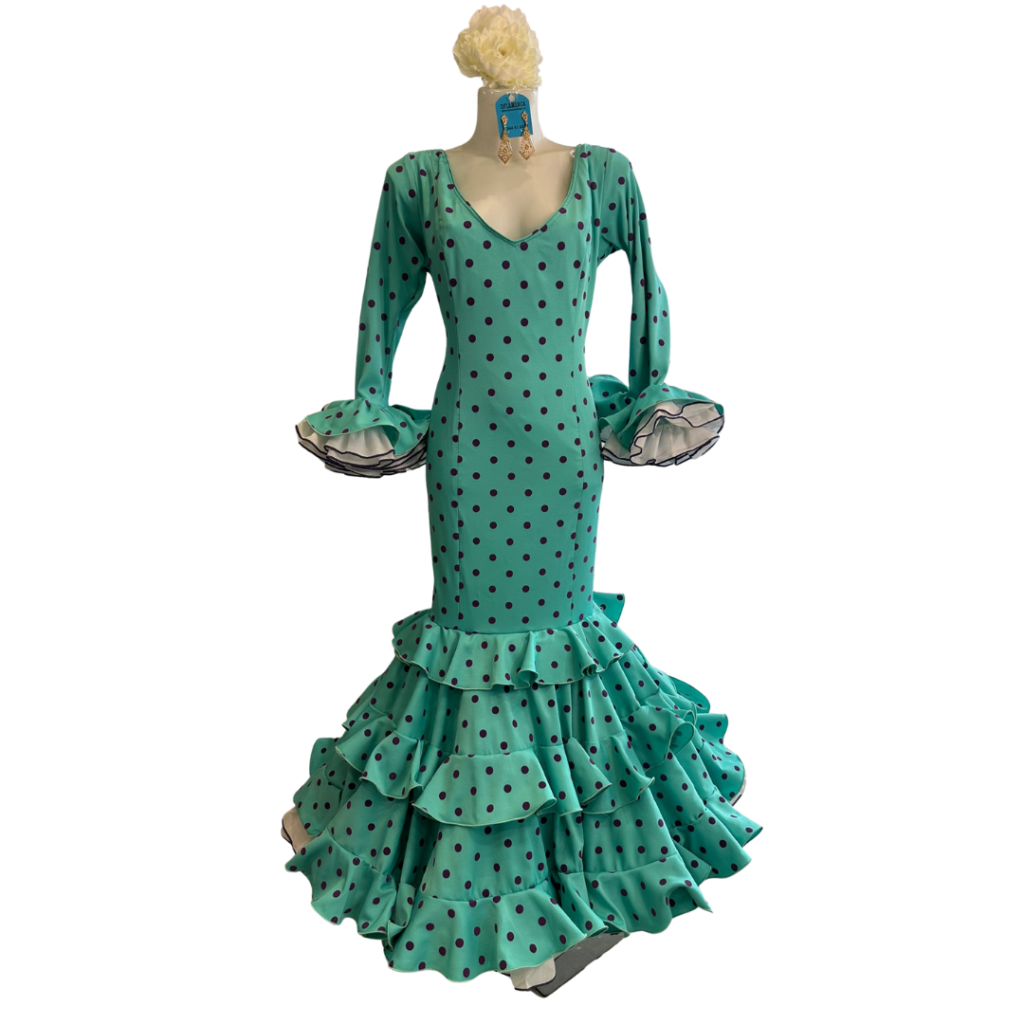 Vestido de flamenca verde agua con detalles morados, diseño exclusivo de la colección Aires de Guadalupe, con vuelo y un solo volante.