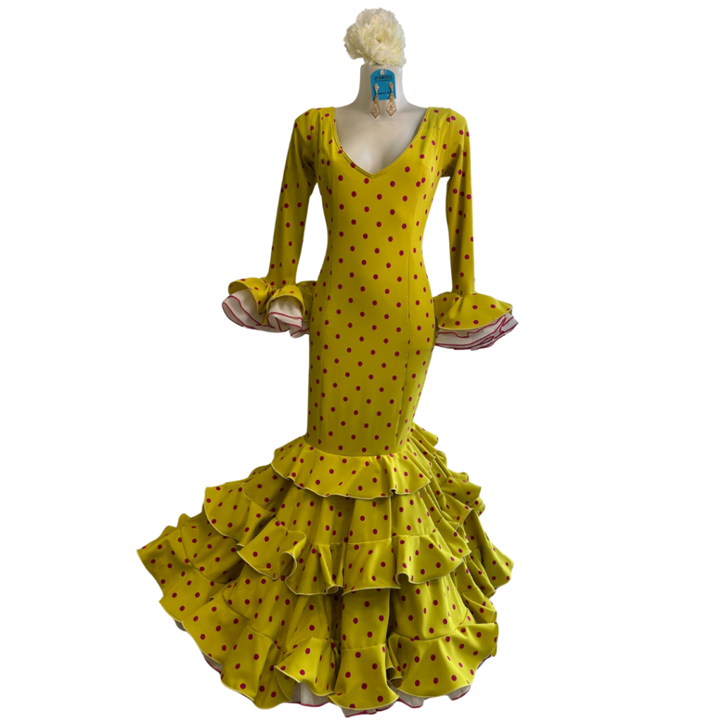 Vestido de flamenca verde lima con lunares morados, diseño exclusivo de la colección Aires de Guadalupe, con mucho can can y un solo volante.